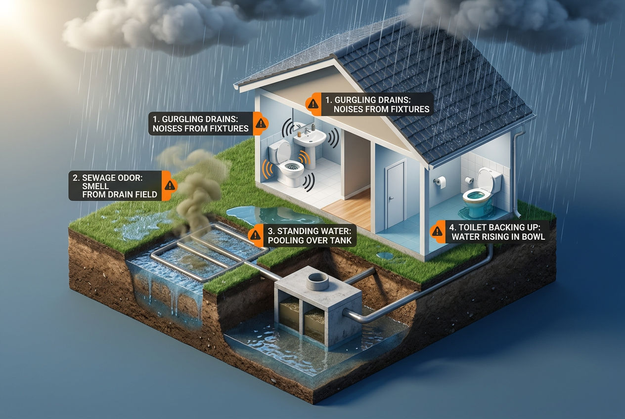 3D house scene showing four warning signs of rain-related septic problems: gurgling, odor, standing water, and toilet backup