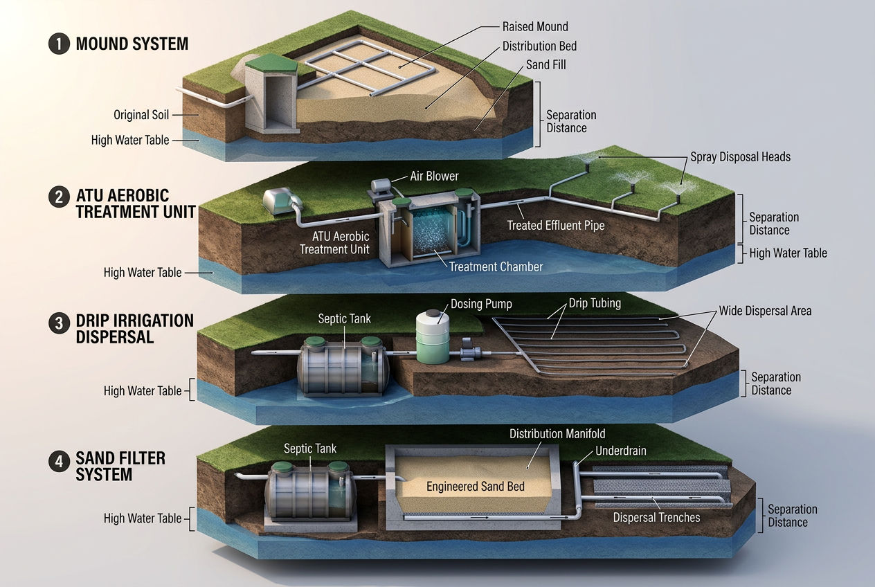 3D cross-sections of four septic options for high water table: mound, ATU with spray, drip irrigation, and sand filter
