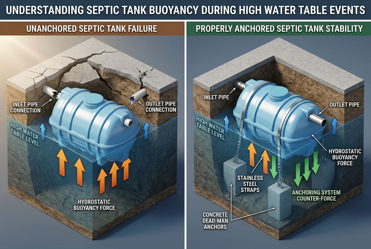3D scene showing empty septic tank being pushed out of ground by water pressure versus properly anchored tank staying in place