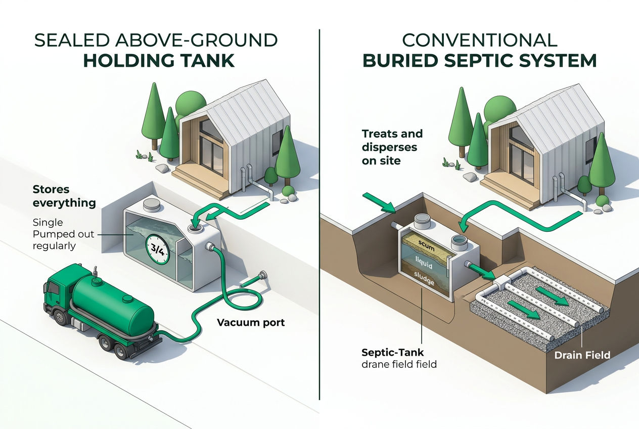 3D cutaway comparing an above-ground holding tank with a conventional septic system