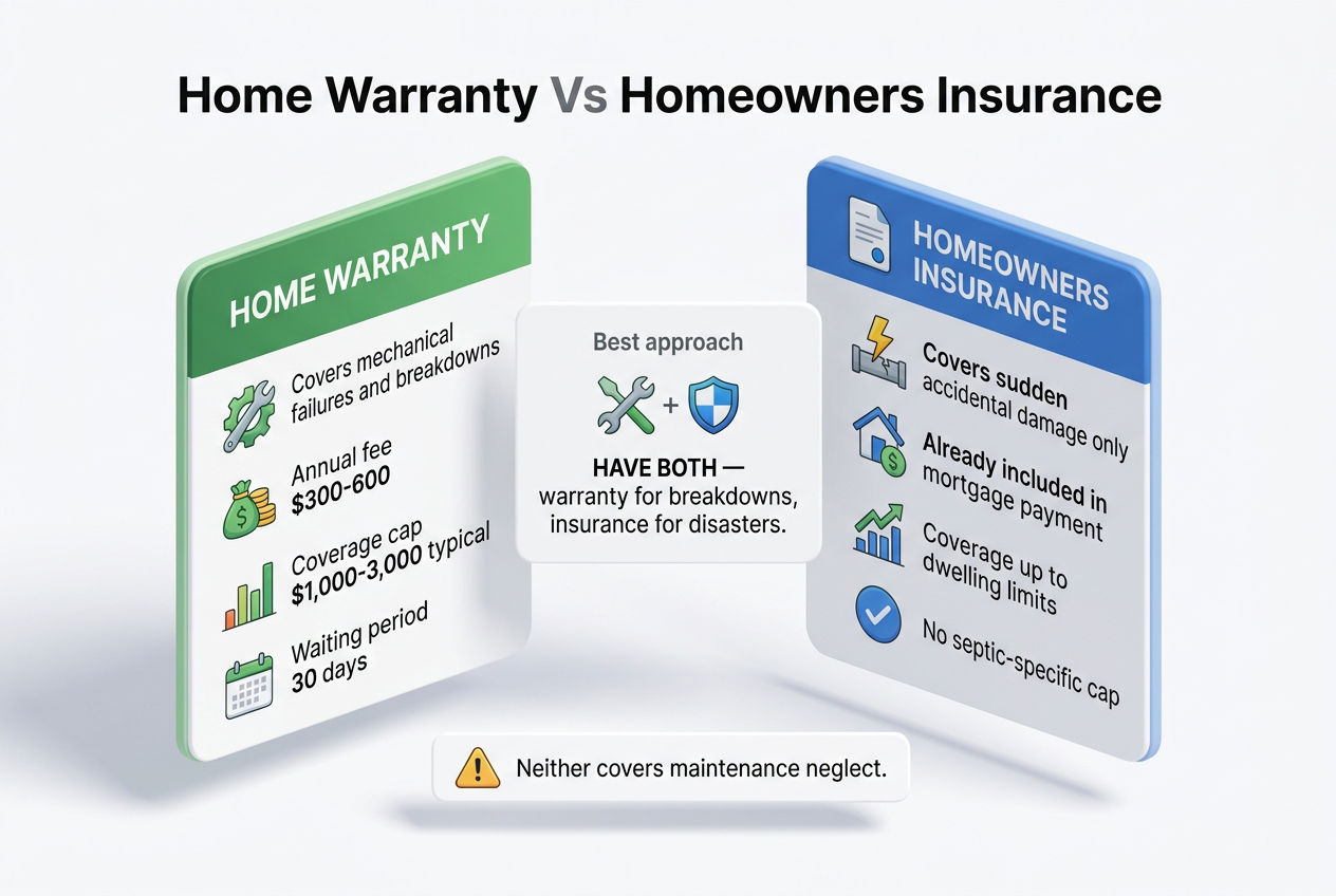 3D comparison of home warranty versus homeowners insurance coverage for septic system issues