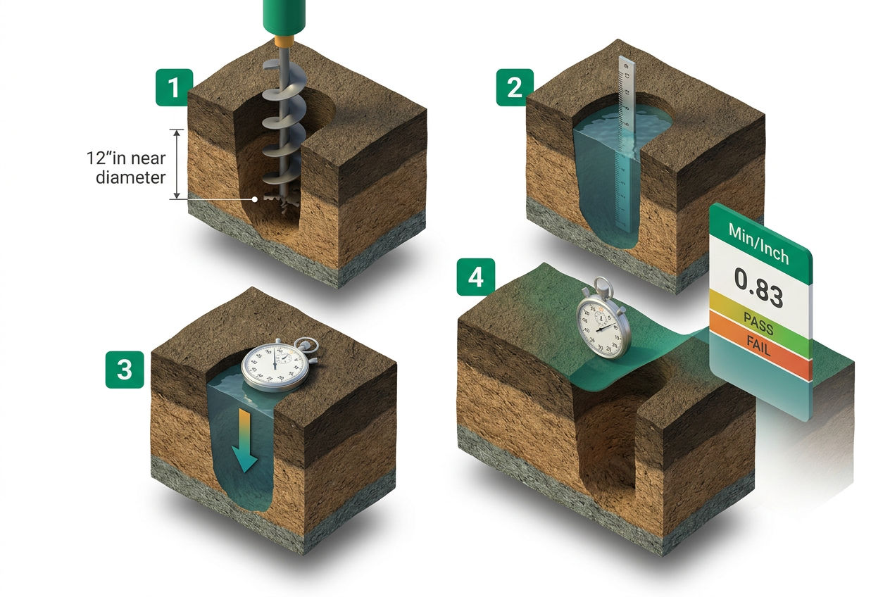 Isometric step-by-step diagram showing DIY percolation test process: digging hole, filling with water, measuring drop rate with timer and ruler.