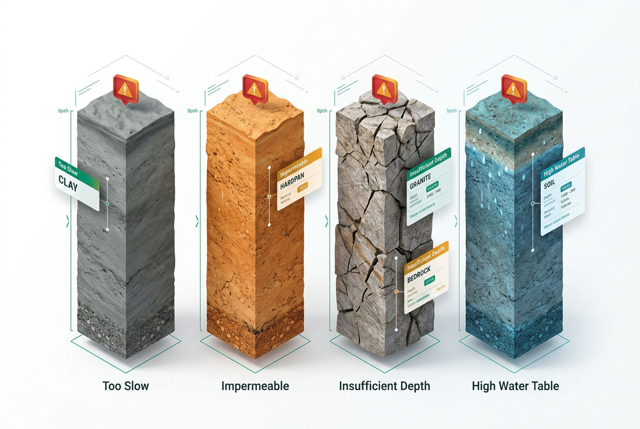 Isometric comparison grid of four soil types — clay, hardpan, bedrock, high water table — each with red warning icons and percolation failure labels.