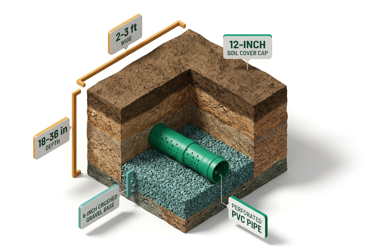 3D cutaway diagram of a leach field trench showing width, depth, gravel layer, perforated pipe, and soil cover with labeled dimension callouts.