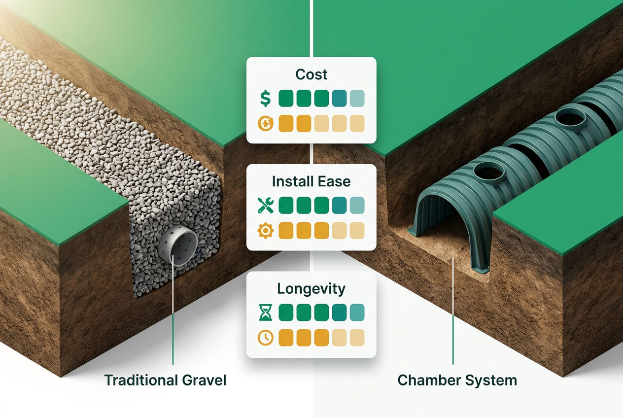 Side-by-side isometric comparison of traditional gravel leach field versus plastic chamber system, with cost, install time, and maintenance rating car
