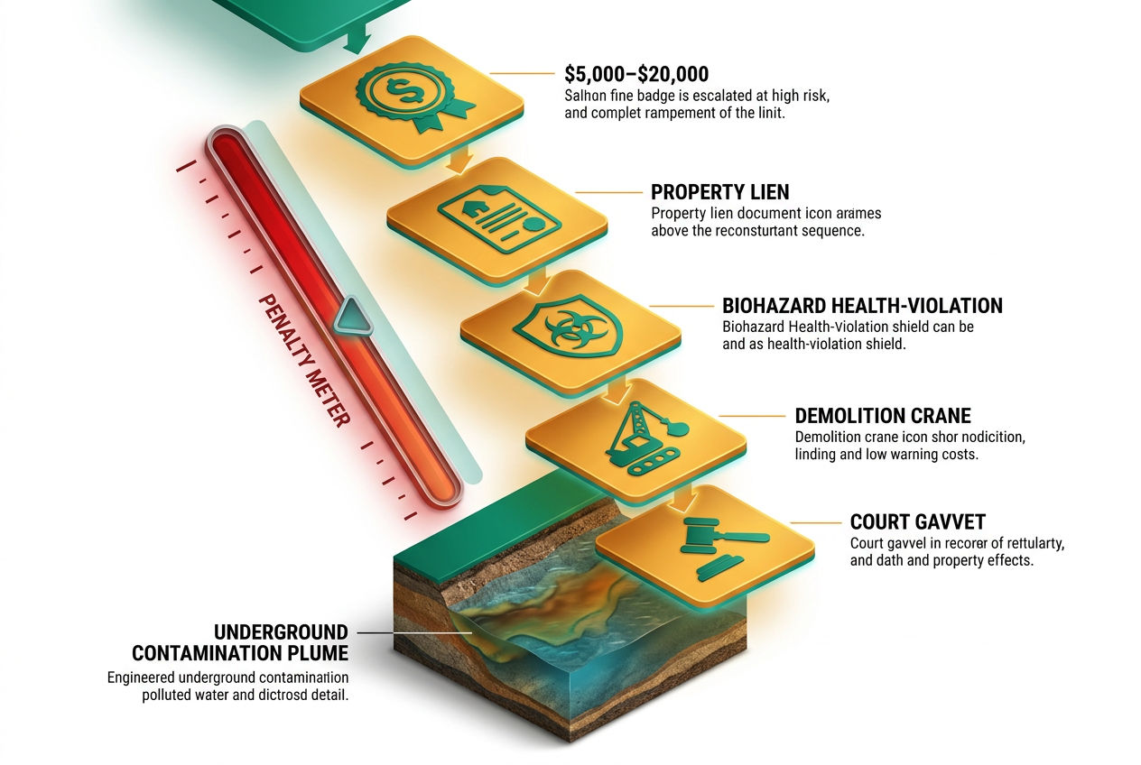 3D isometric risk cascade diagram showing fines, property liens, health violations, and mandatory demolition from unpermitted septic construction.
