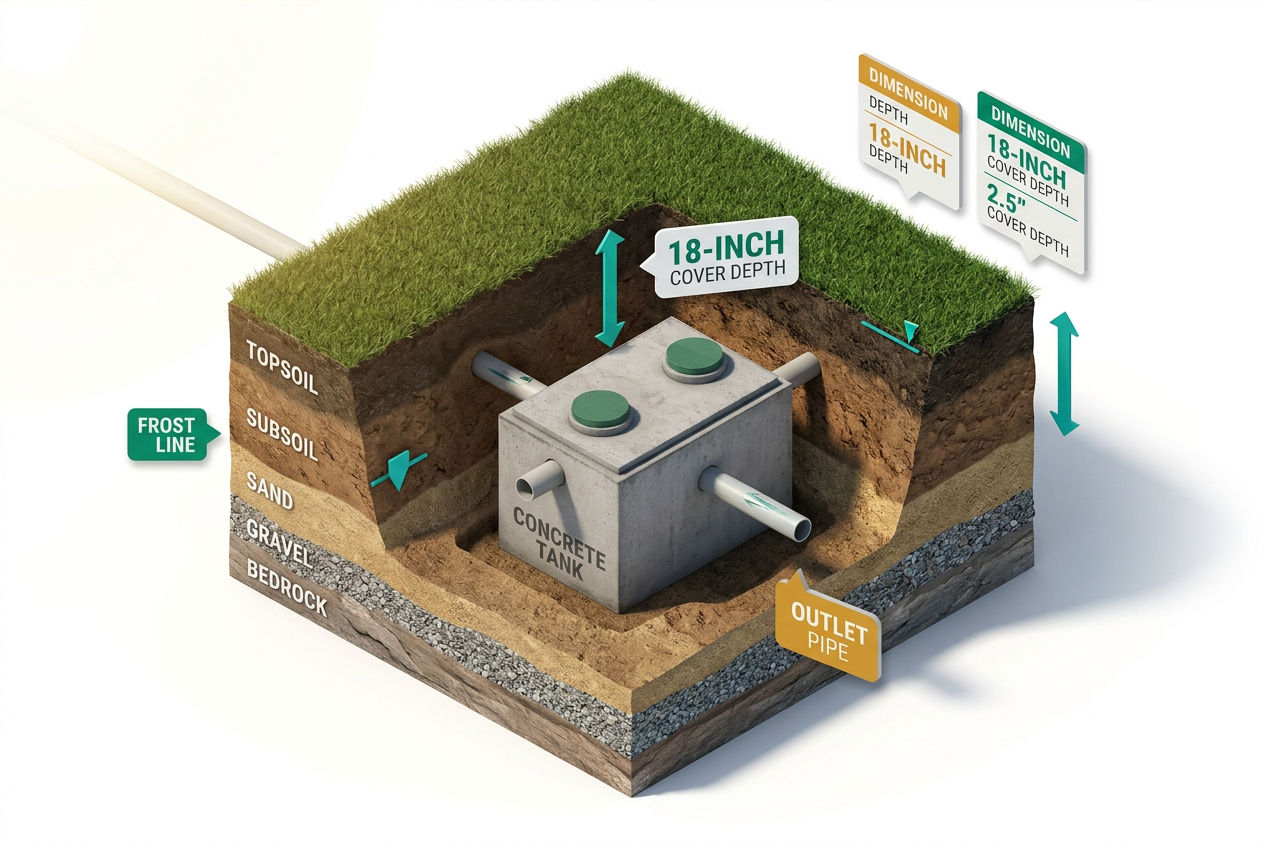 Isometric soil cross-section showing required burial depths, frost line, inlet outlet pipe positions, and setback distances for a septic tank.