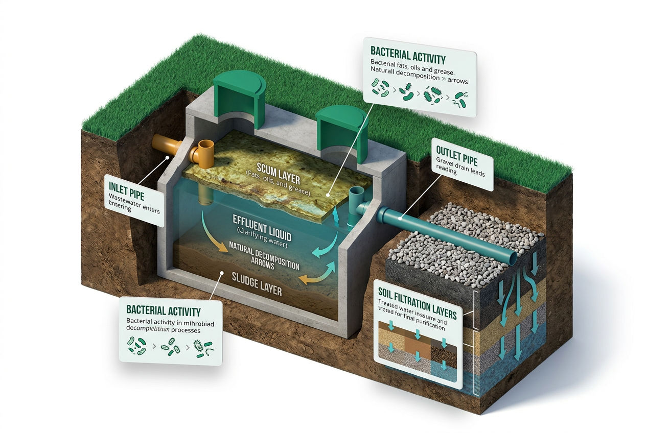 3D isometric cutaway of a septic tank showing inlet pipe, scum layer, effluent zone, sludge layer, and drain field.