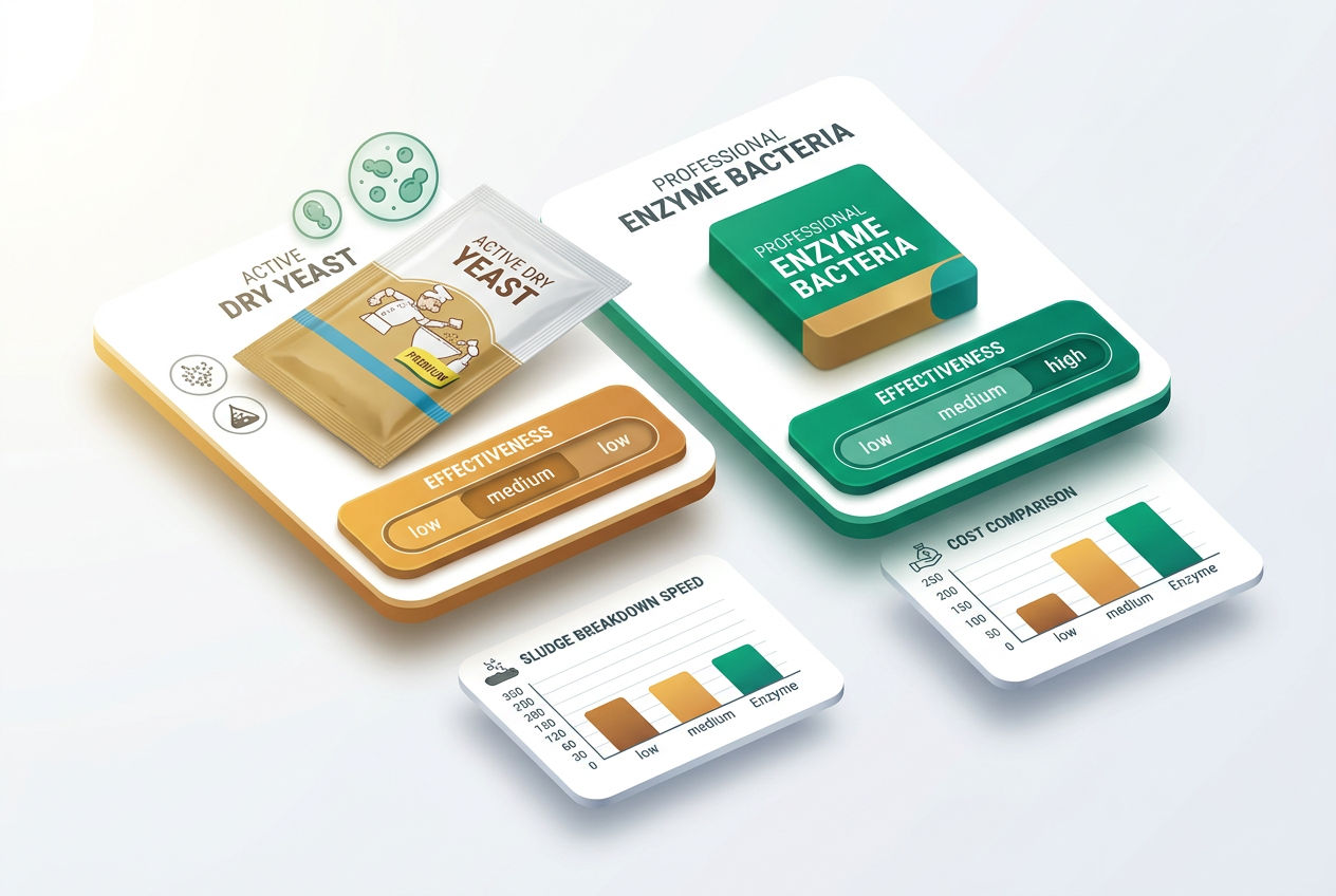 Side-by-side isometric comparison panels showing yeast packet treatment versus professional bacterial enzymes with effectiveness rating bars.