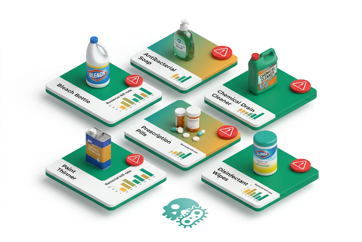 Isometric grid of common household product icons labeled as harmful to septic bacteria, including bleach, antibacterial soap, and drain cleaners.