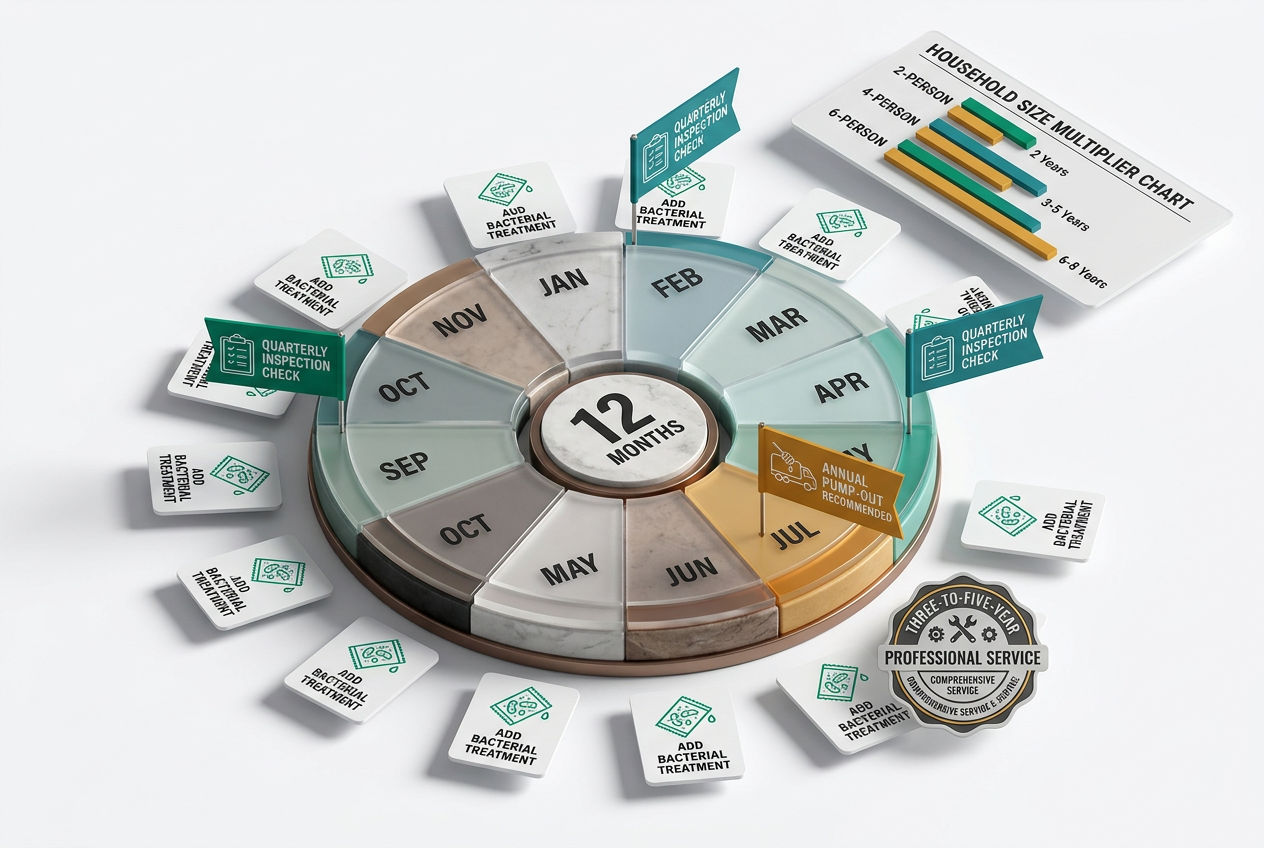 Isometric annual calendar timeline showing recommended septic treatment intervals, pump-out schedule, and seasonal inspection checkpoints.