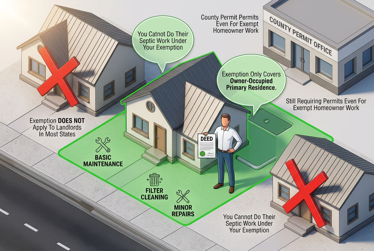 3D scene showing homeowner exemption applying only to owner-occupied property with red X on rentals and neighbor properties