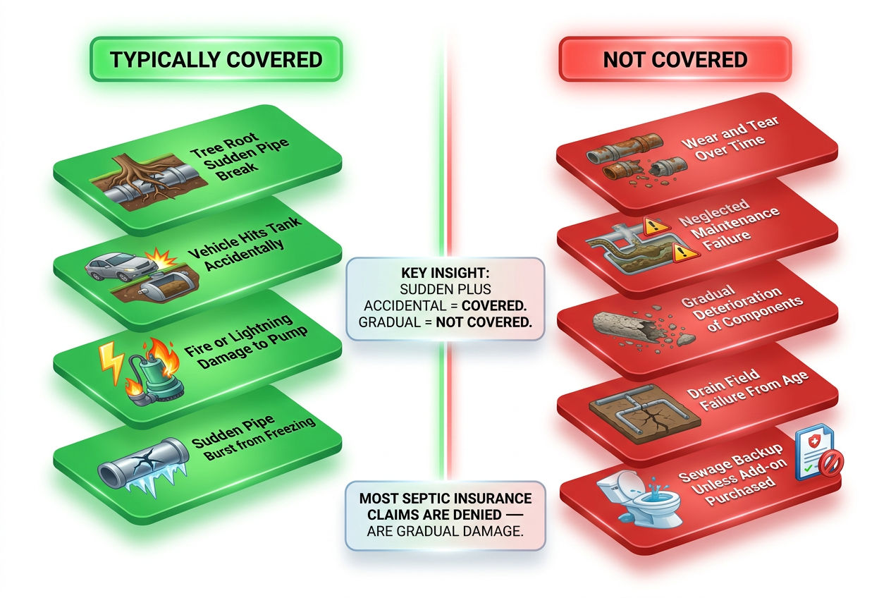 3D coverage matrix showing what homeowners insurance covers versus excludes for septic system damage