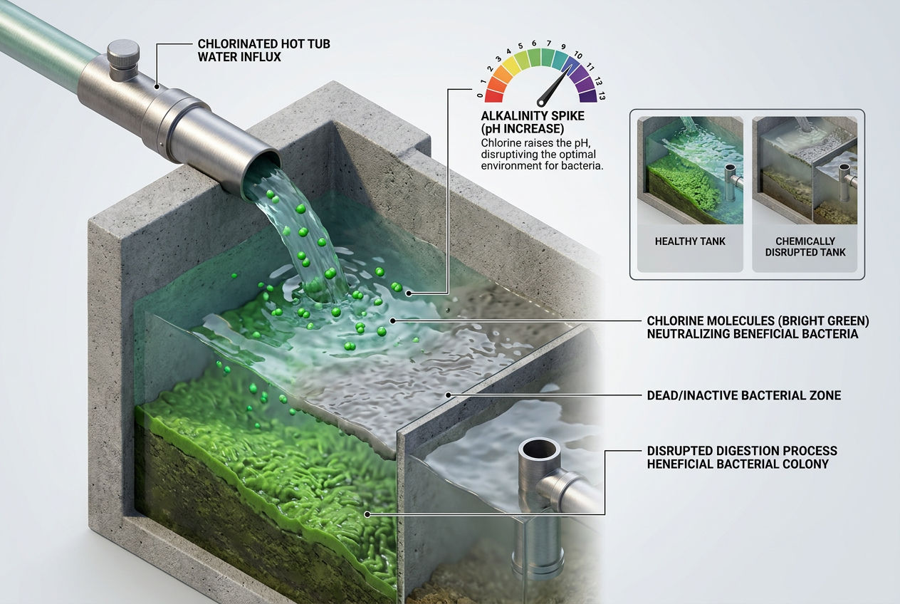 3D septic tank interior showing chlorinated hot tub water killing bacterial colonies with dead zones spreading