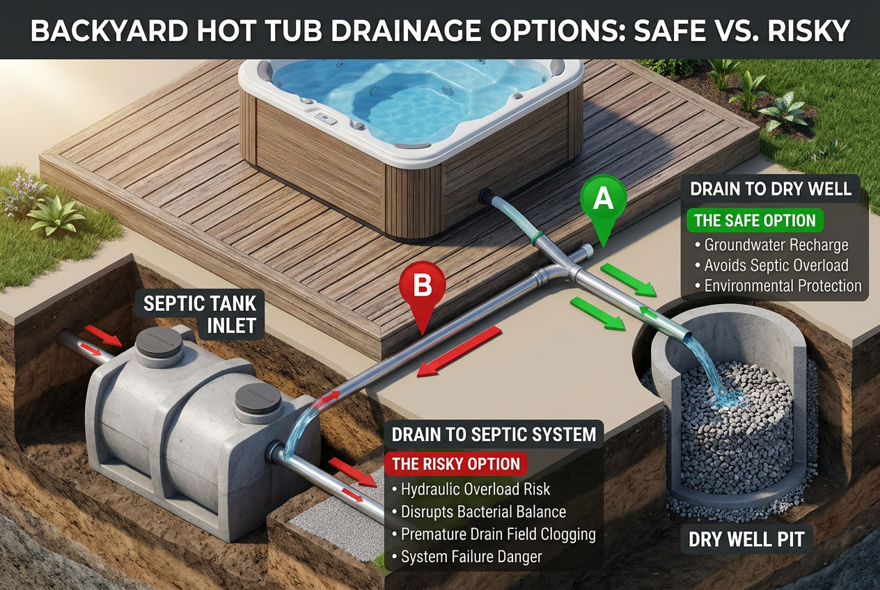 3D isometric scene showing safe vs risky hot tub drainage options relative to a septic system