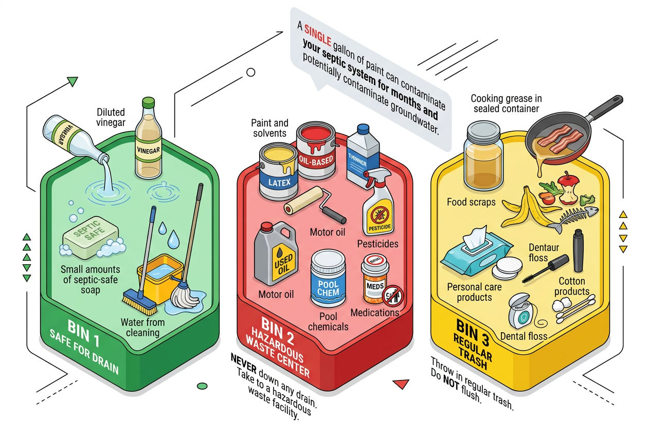 3D sorting station showing proper disposal of household chemicals for homes with septic: drain-safe, hazardous, trash