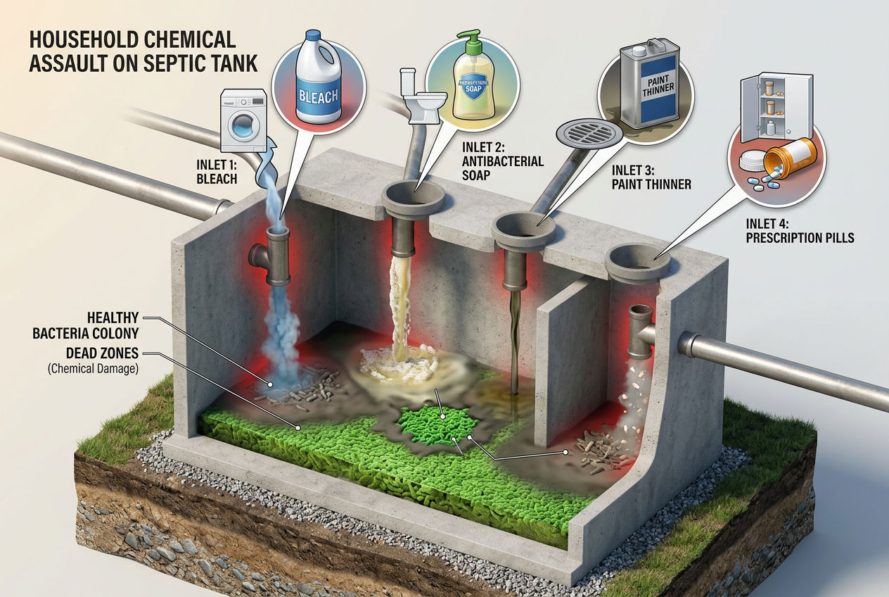 3D cutaway showing household chemicals from bleach, soap, paint, and medications destroying bacteria inside a septic tank