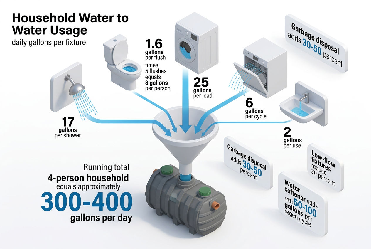 3D breakdown of daily household water usage by fixture showing total gallons flowing to septic system