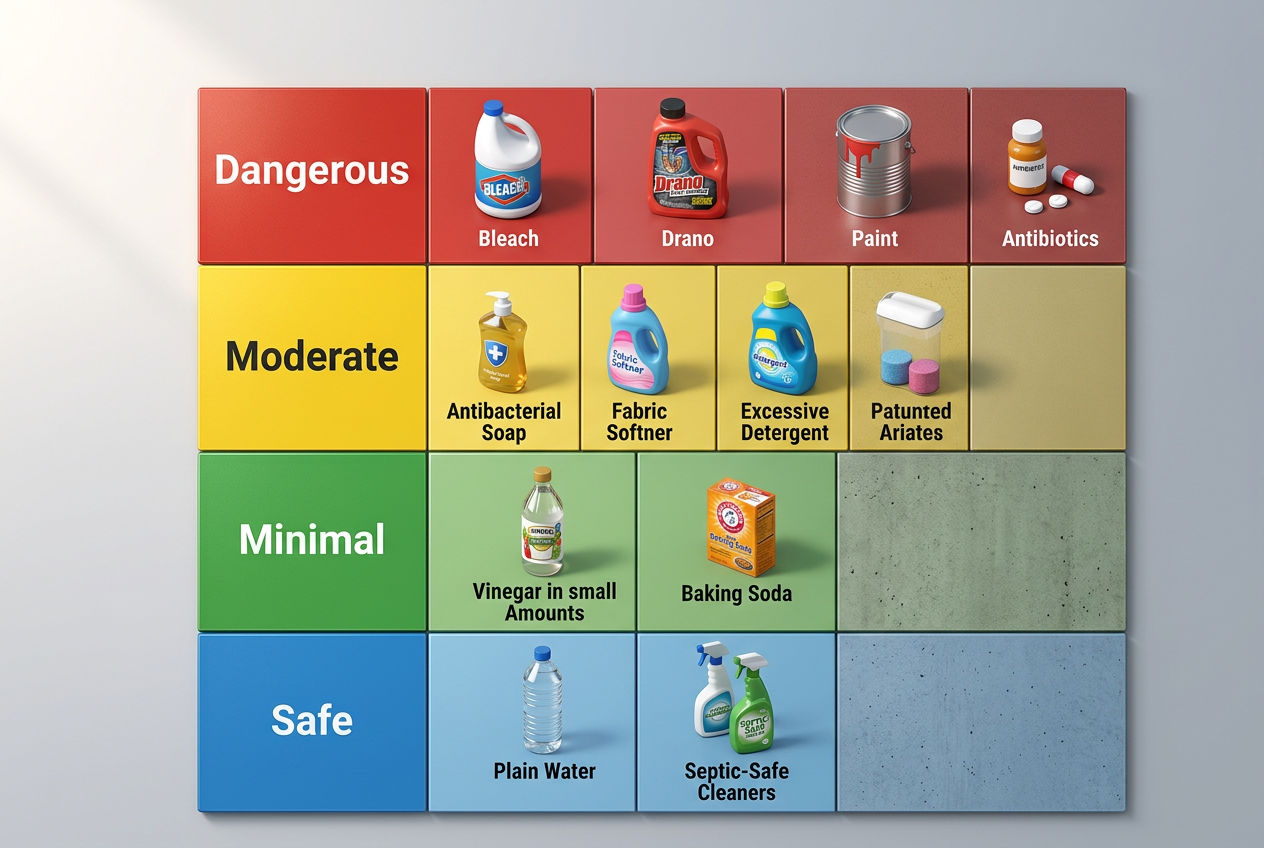 3D risk matrix showing household substances categorized by danger level to septic bacteria from safe to dangerous