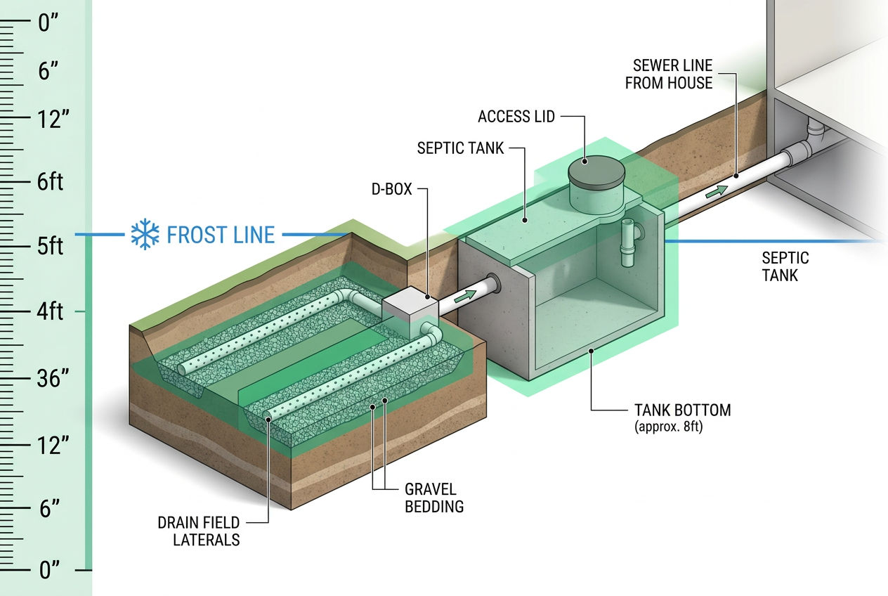 3D cross-section showing typical burial depths for septic tanks, lines and drain fields
