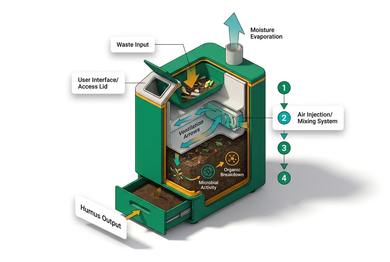 3D cutaway of composting toilet showing waste separation, aeration chamber, decomposition layers, and finished compost output stages.