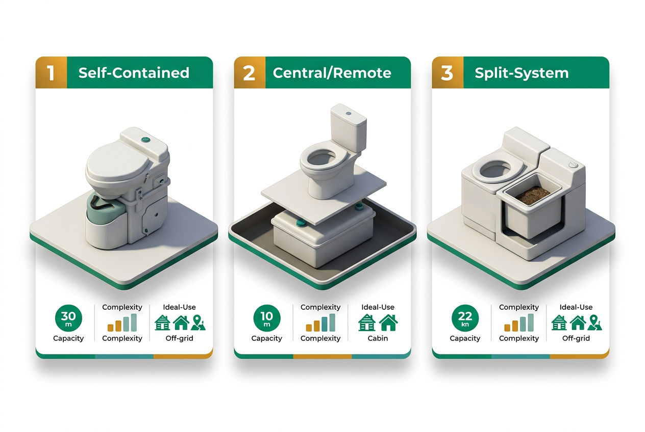 Isometric comparison of self-contained, central, and split-system composting toilet types with size, capacity, and install-complexity ratings.