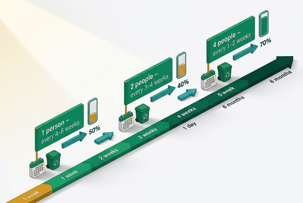Isometric timeline and bar chart showing composting toilet emptying frequency by household size, from solo camper to family of four.