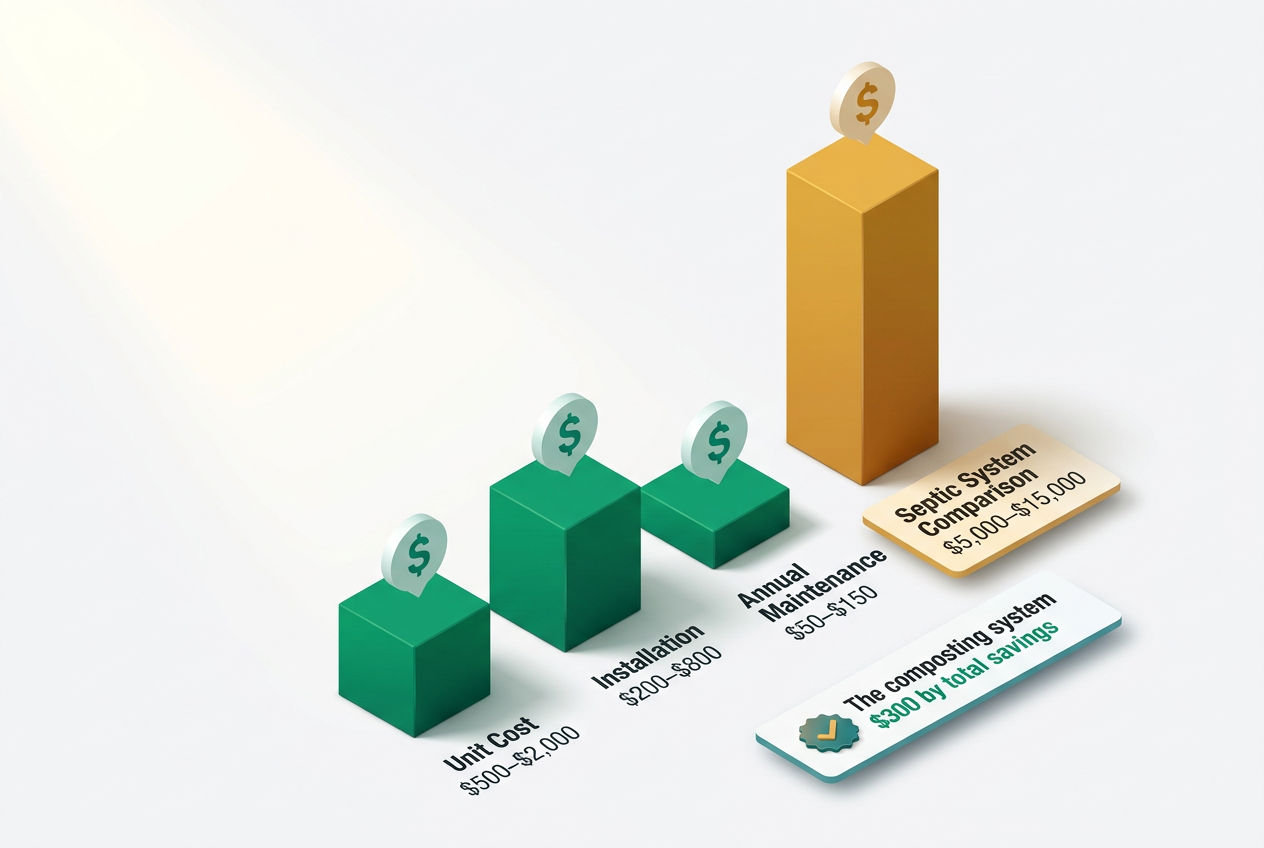 3D isometric cost comparison bars for composting toilet purchase, installation, and maintenance versus traditional septic system costs.