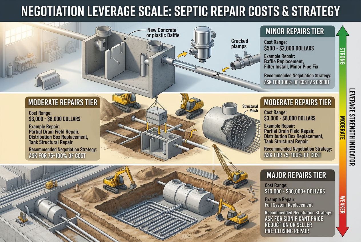 3D three-tier negotiation guide showing repair severity from minor to major with recommended ask amounts and leverage strength