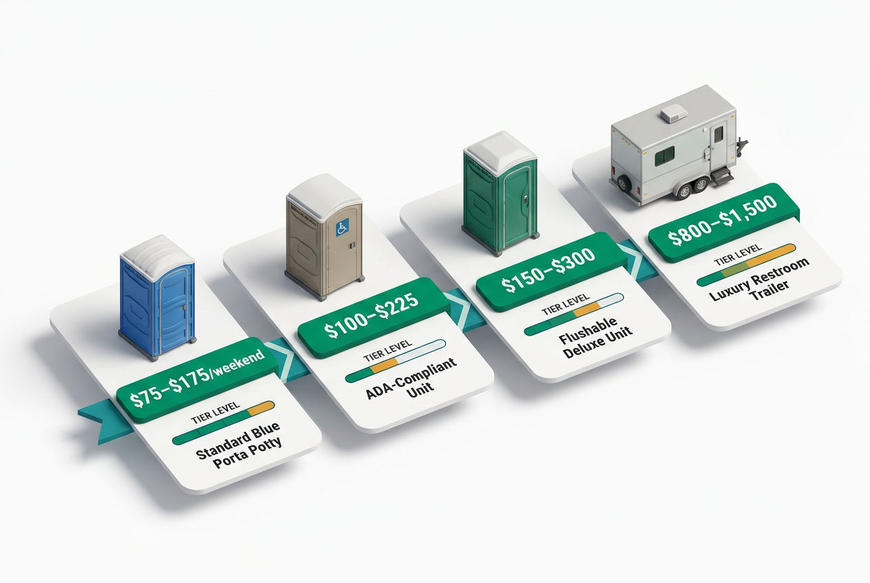 Isometric infographic showing 2026 porta potty rental price tiers from standard to luxury restroom trailer with cost labels.