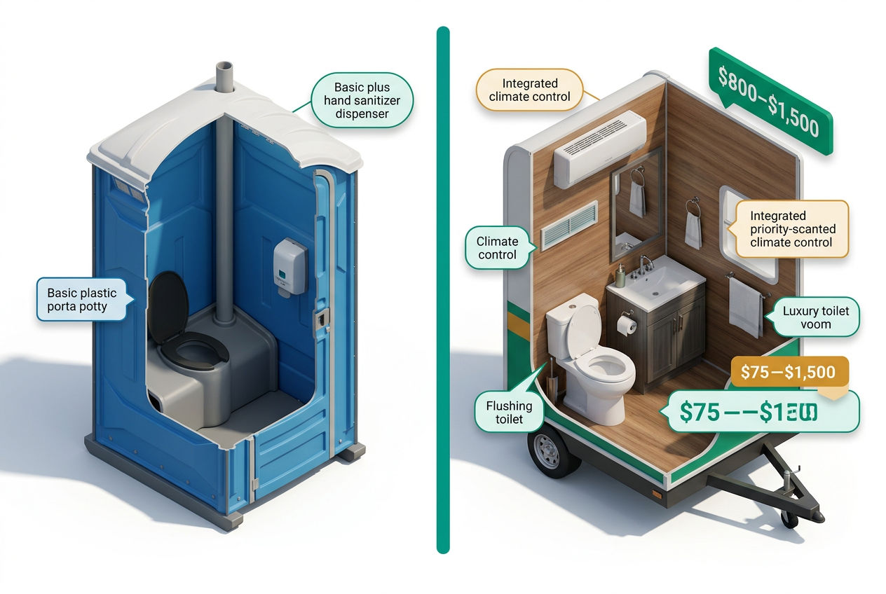 Side-by-side 3D cutaway comparison of a basic porta potty interior versus an upscale restroom trailer with labeled amenity callouts.