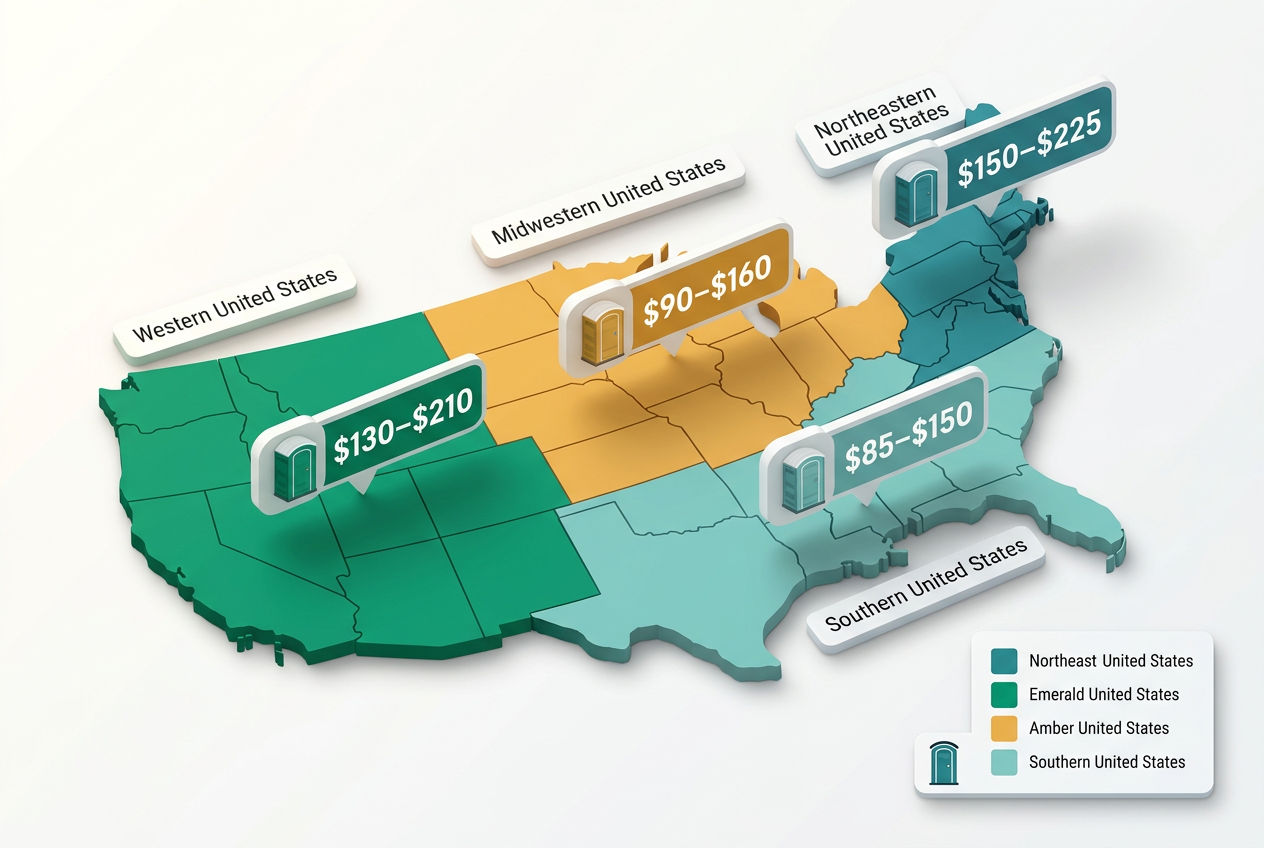 Isometric US regional map with floating price badges over Northeast, South, Midwest, and West showing average [porta potty rental cost](/blog/porta-potty-rental-cost/) ranges.