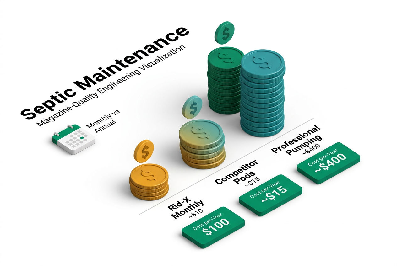 Isometric cost comparison panels showing Rid-X monthly price versus pumping fees and competitor products with dollar-bar visuals.