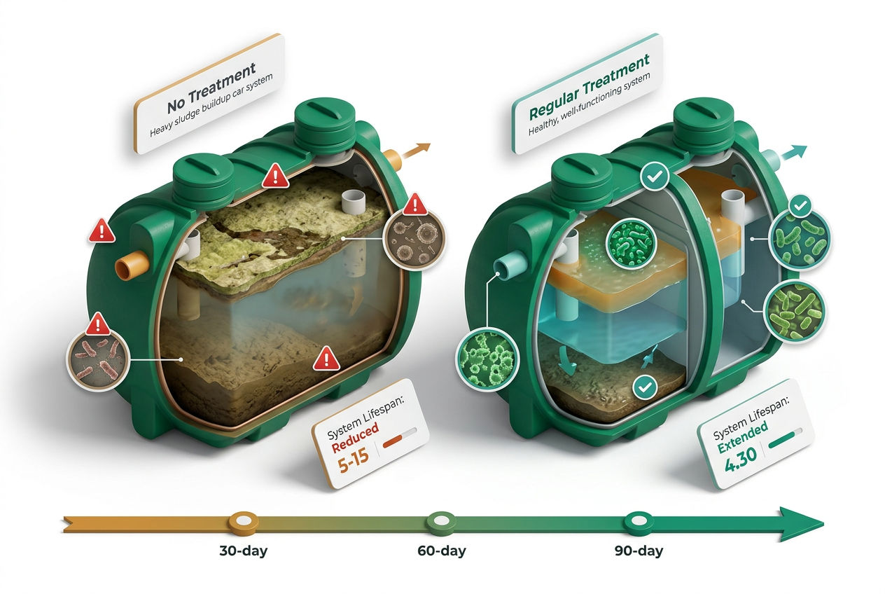 3D isometric infographic showing septic tank health declining without treatment vs thriving with regular monthly doses, with bacterial colony icons.