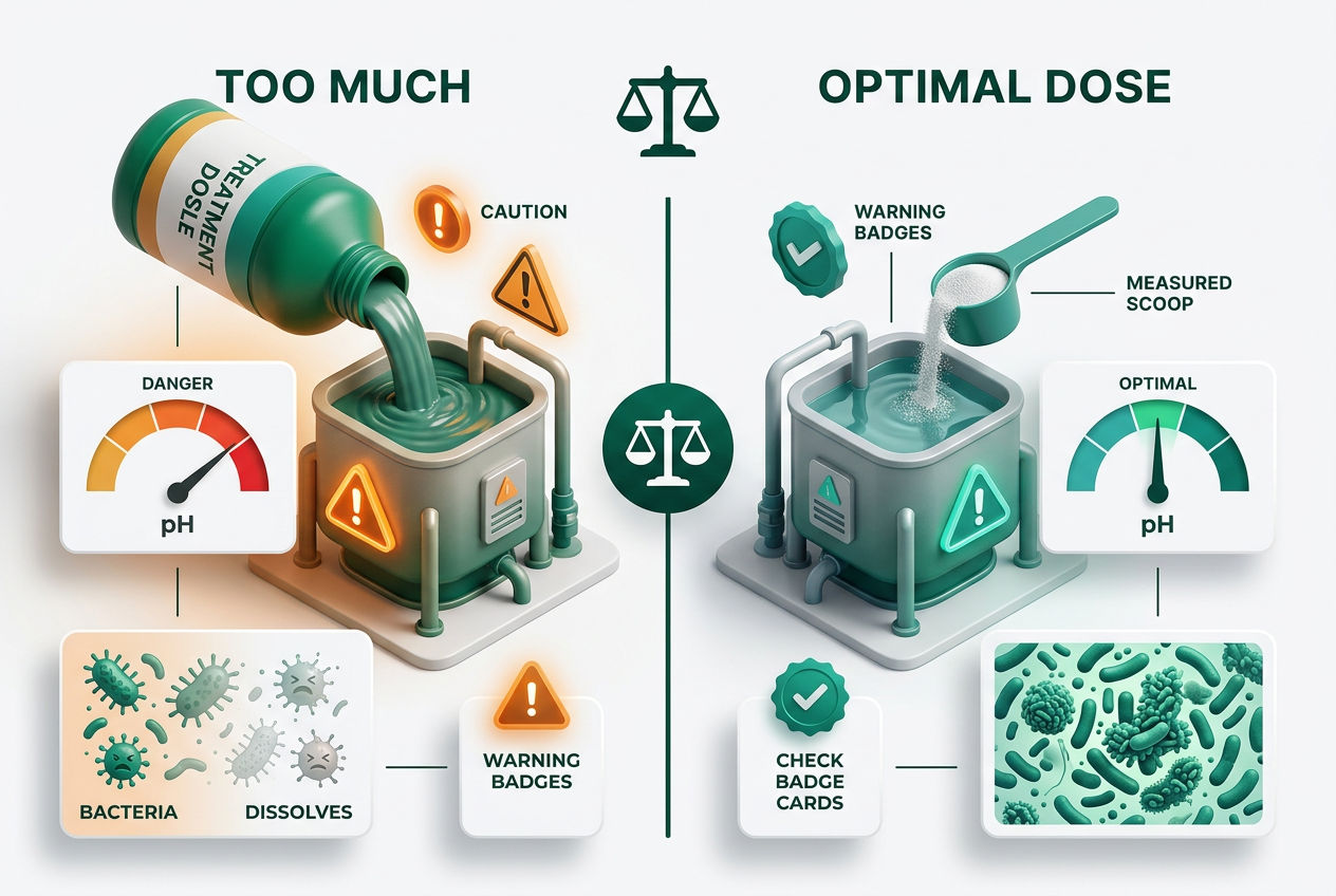 Split isometric scene comparing overdosed septic system with disrupted pH and bacterial imbalance versus correctly dosed healthy system with balanced