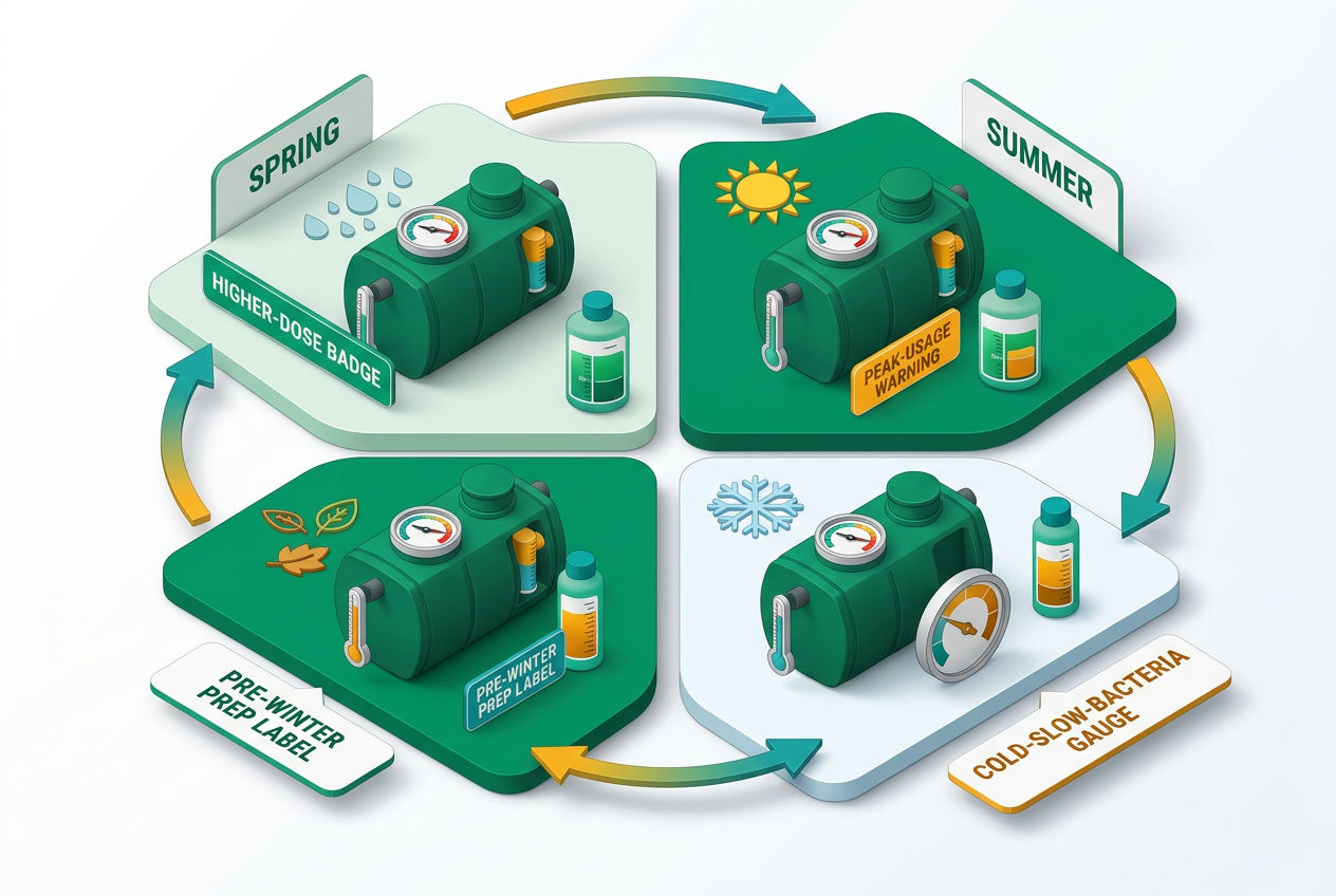 Four-quadrant isometric infographic showing spring, summer, fall, winter septic treatment adjustments with temperature gauges and dosing recommendatio