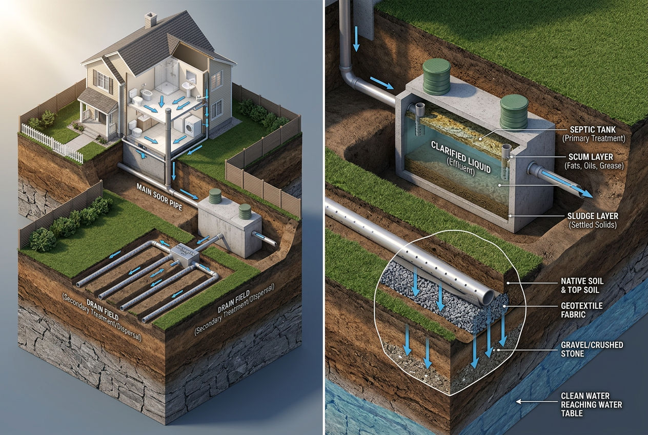3D complete flow diagram of private septic system from house fixtures through tank separation to drain field soil treatment