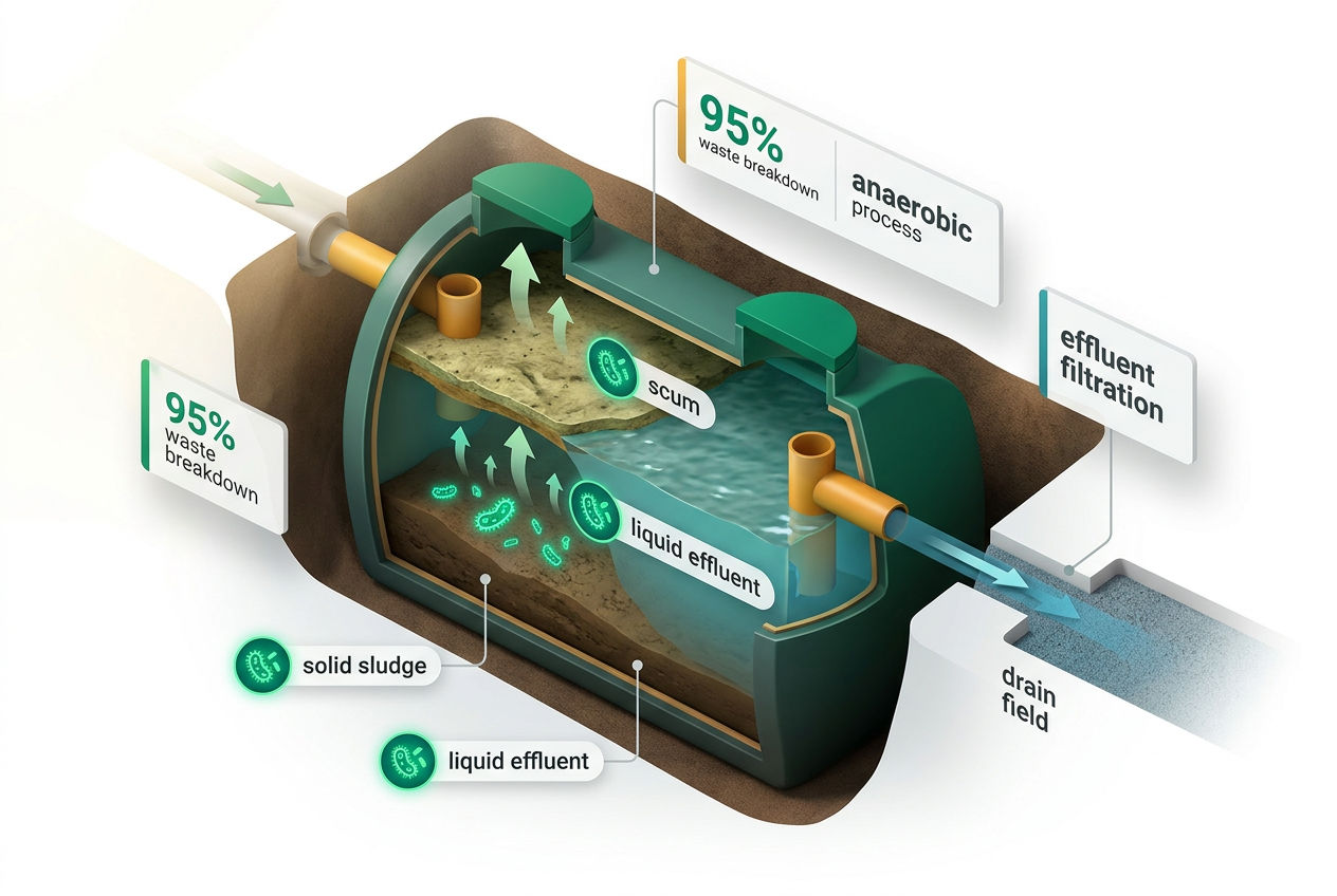 3D isometric cutaway of a septic tank showing bacteria breaking down solids into liquid effluent with labeled digestion stages.