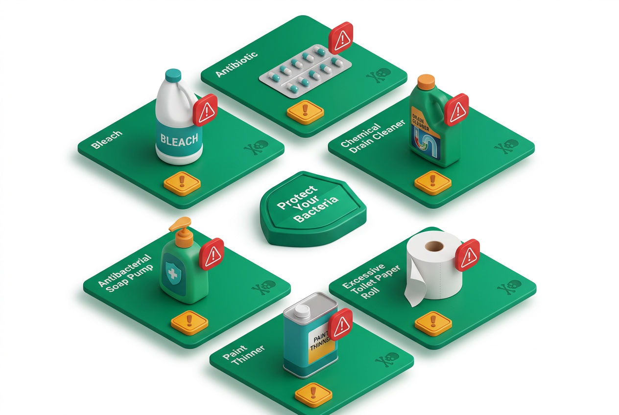 Isometric warning grid showing household products that kill septic bacteria including bleach, antibiotics, and chemical drain cleaners.