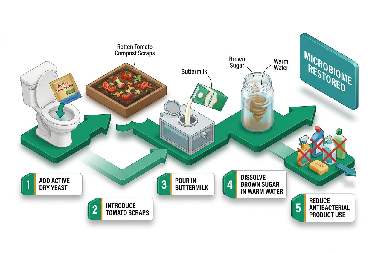 Step-flow isometric diagram showing five natural methods to boost septic bacteria including yeast, rotten tomatoes, and enzyme foods.