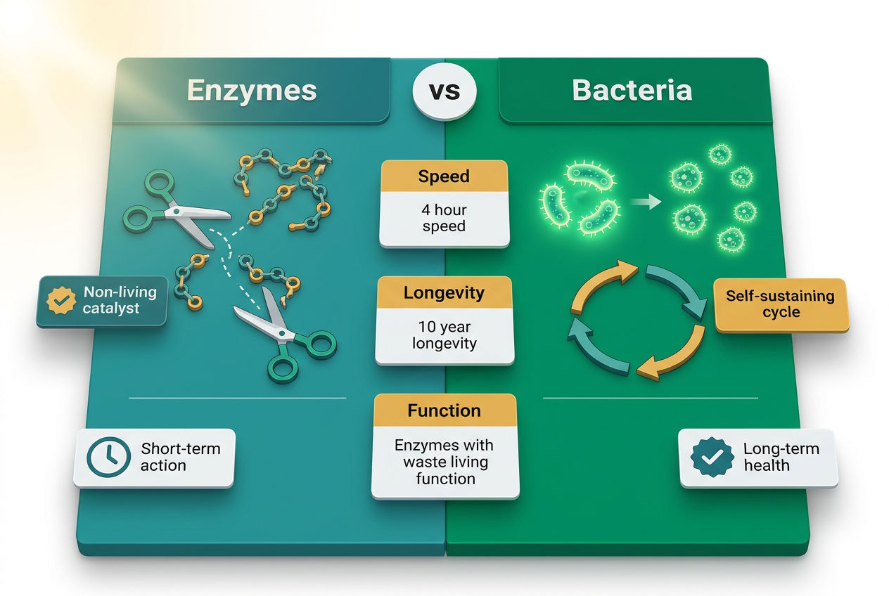 Split-panel isometric comparison showing enzymes breaking down molecules chemically versus living bacteria consuming and digesting waste.