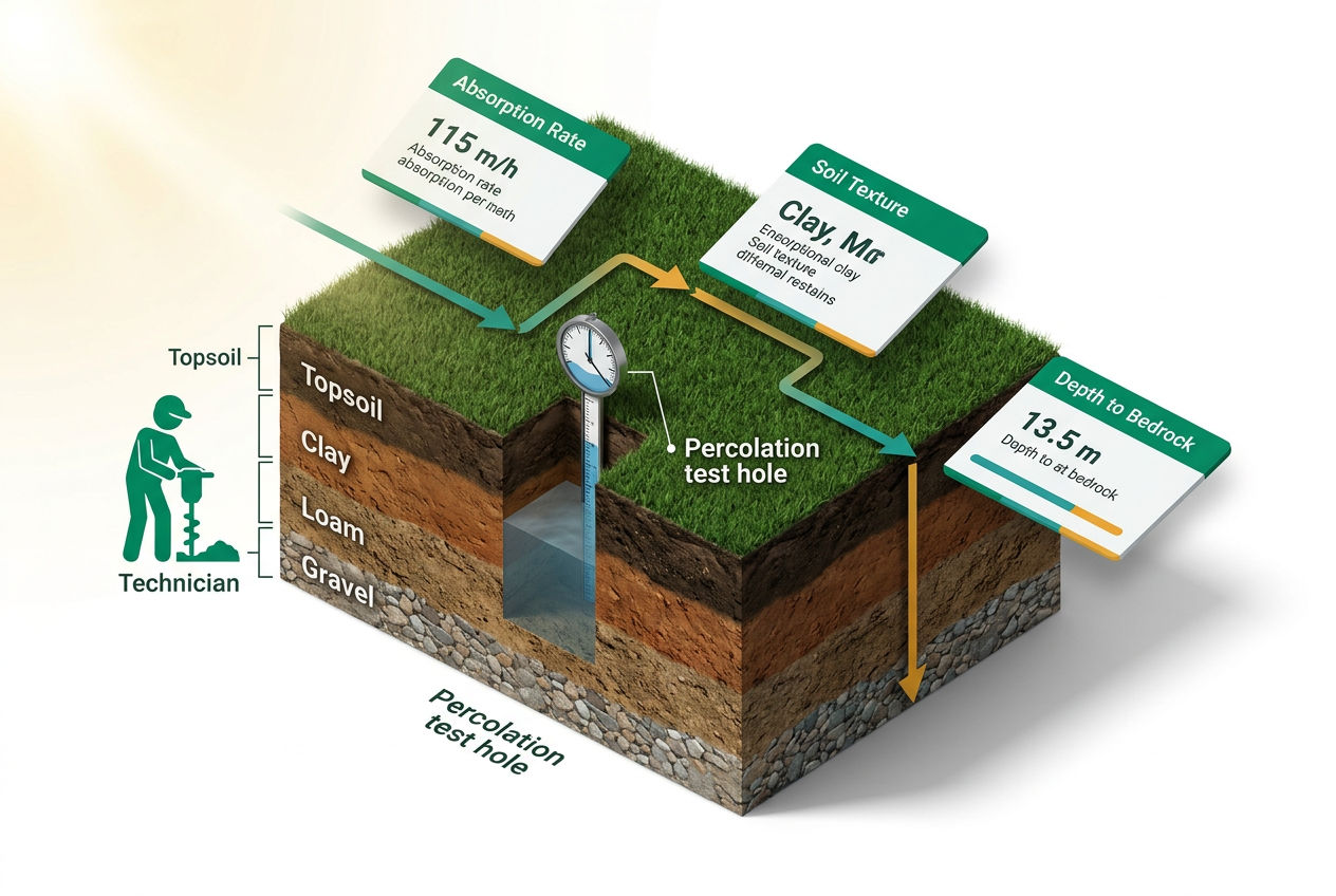 3D isometric diagram showing percolation test steps: soil boring, water timing, absorption rate gauge, and soil layer cutaway with labels.