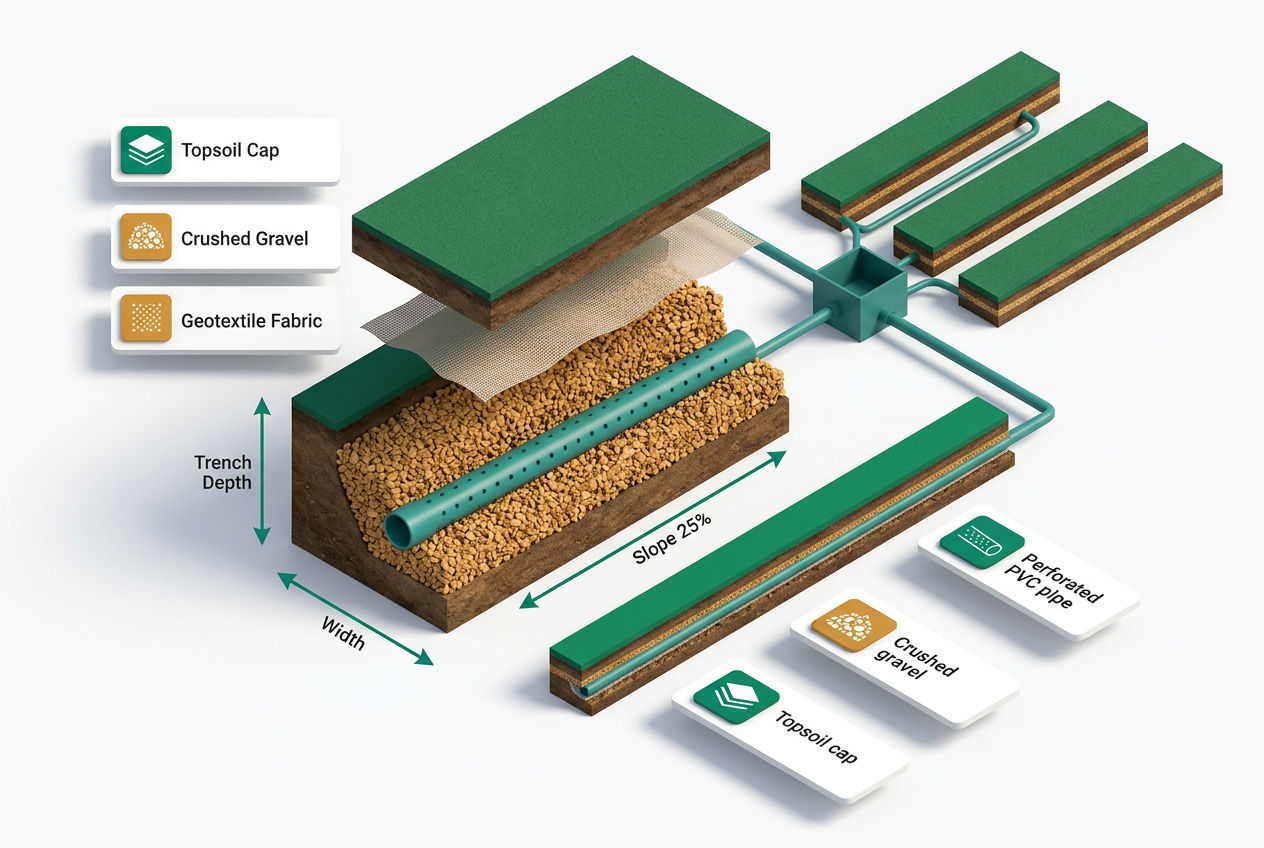 Isometric cutaway of drain field trenches showing perforated pipes, gravel bed, geotextile fabric, and soil cover layers with dimension labels.