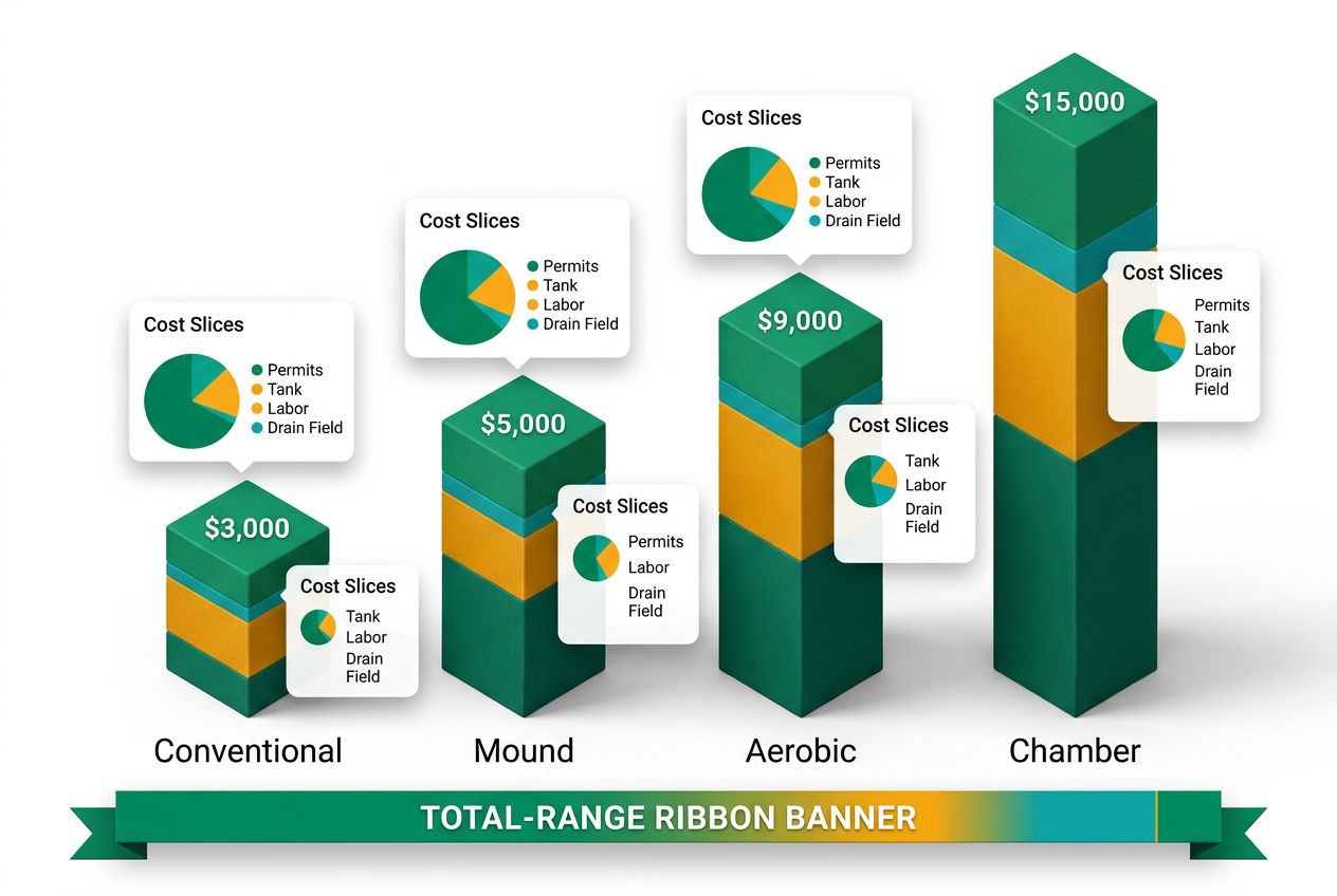 Isometric bar chart comparing septic system costs by type: conventional, mound, aerobic, and chamber systems, with permit and labor cost cards.