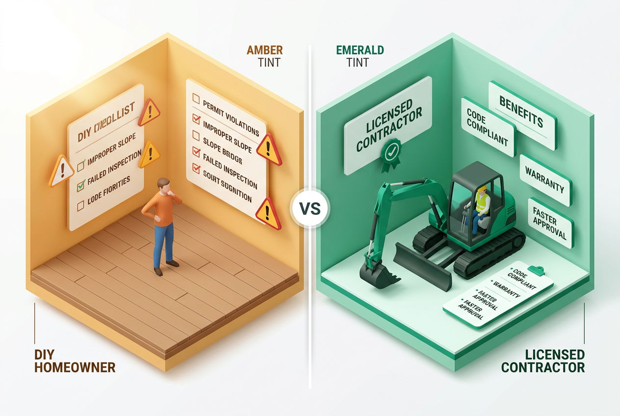 Split-panel isometric comparison: DIY septic install risks checklist on left versus licensed contractor benefits and tools on right.