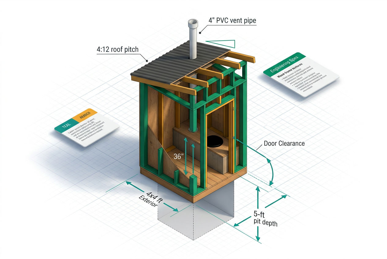 Isometric cutaway blueprint of a standard outhouse showing interior dimensions, seat height, pit depth, vent pipe, and roof pitch.