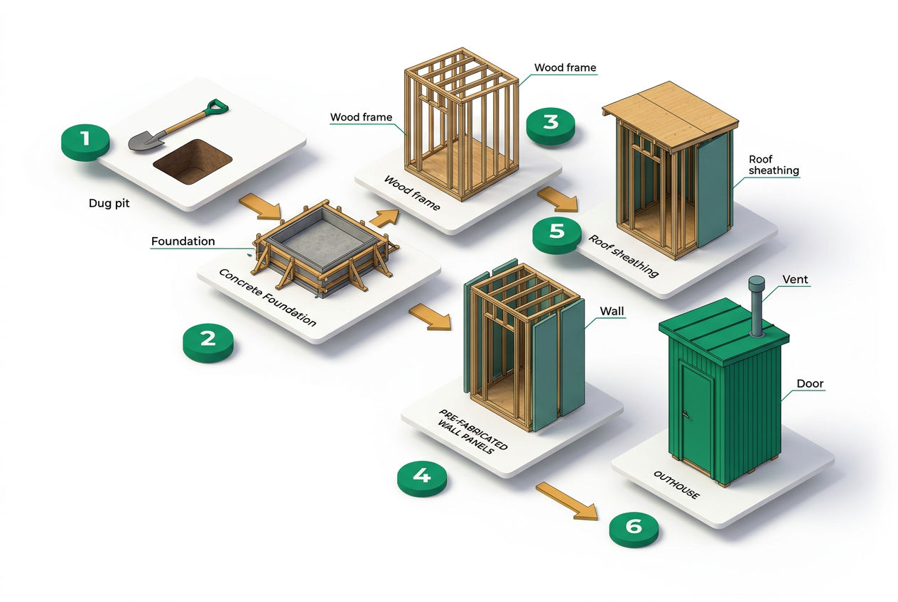 Six-step isometric construction flow for building an outhouse: site selection, pit digging, framing, walls, roof, and finishing details.