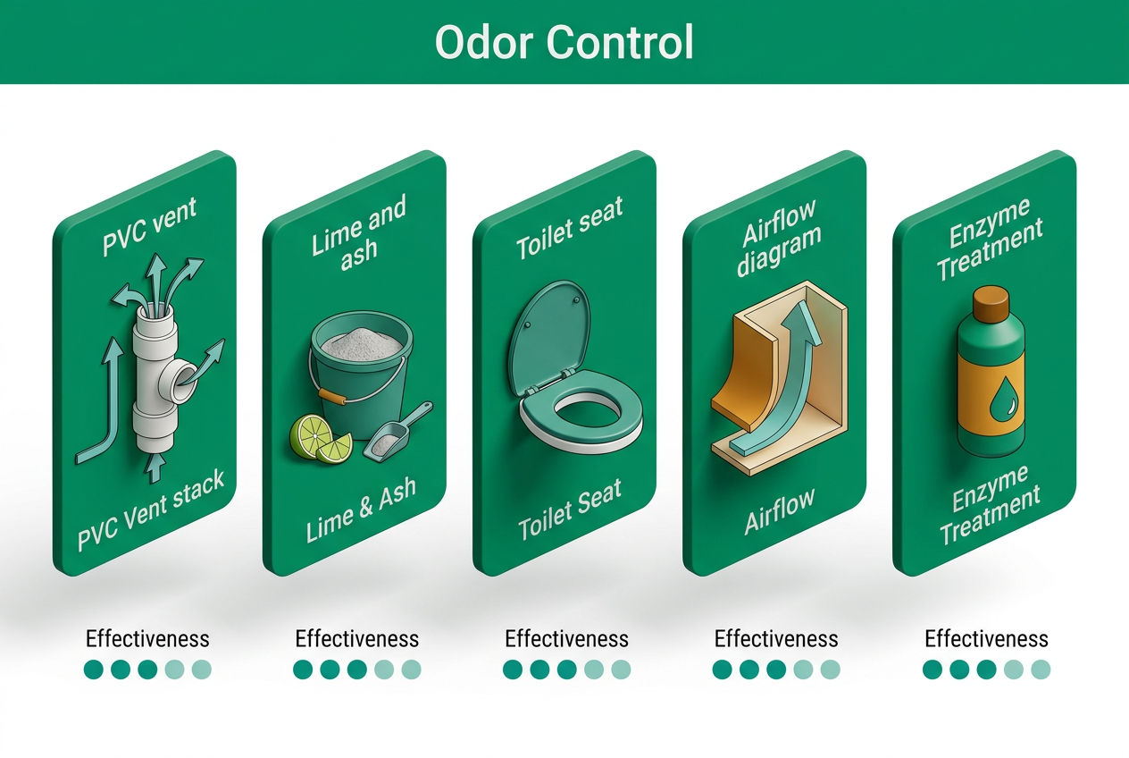 Isometric comparison panel showing five outhouse odor control methods: vent pipe, ash/lime bucket, seat lid, airflow diagram, and enzyme treatment.