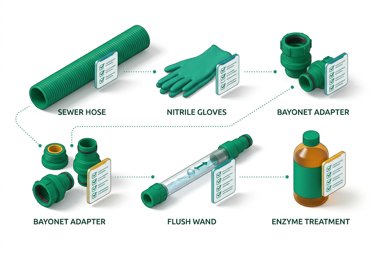 3D isometric layout of RV black tank dump equipment: sewer hose, gloves, adapter fittings, tank flush wand, and odor treatment bottle with labels.