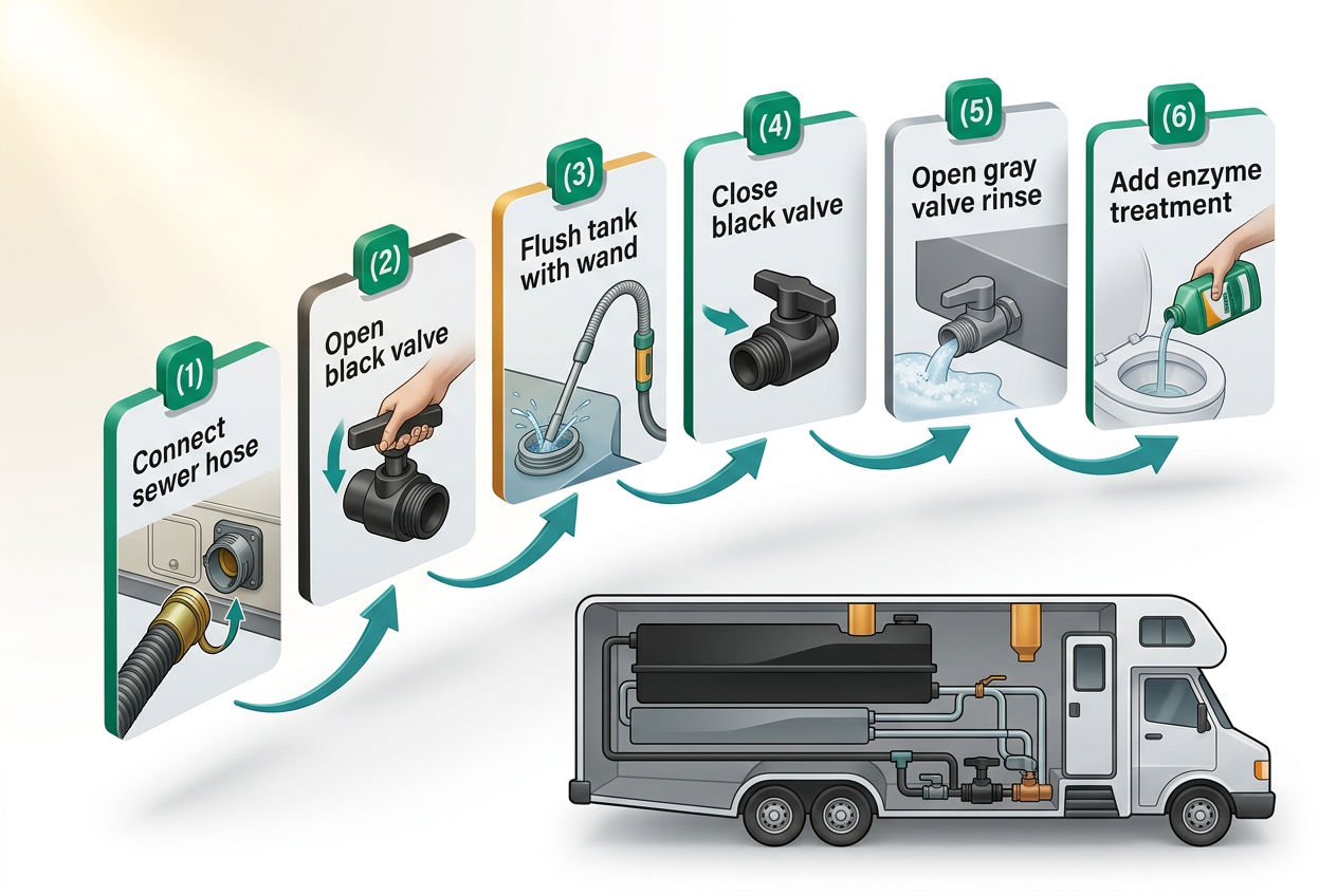 Isometric 6-step flow diagram showing RV black tank emptying process from hose connection to tank treatment, with numbered floating panels.